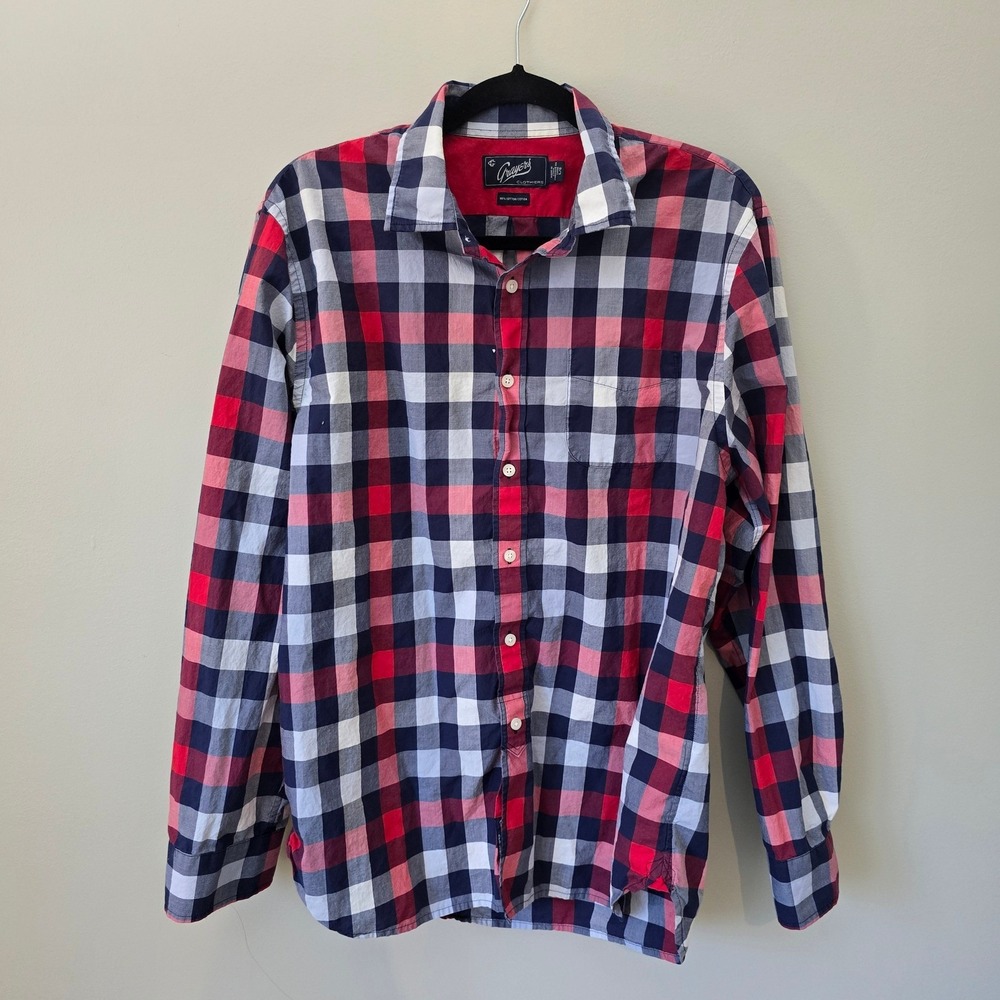 Grayers Clothiers Mens Large Red Navy Blue Buffalo Check Plaid Cotton Shirt L/G